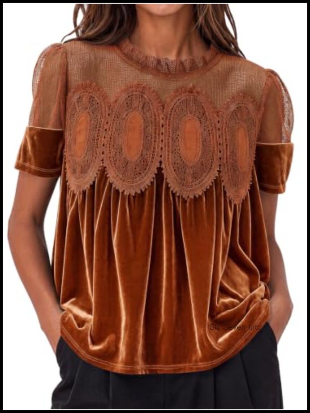 Velvet Lace Peplum Blouse Puff Short Sleeve Babydoll Top